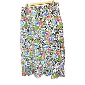 Choices 100% Linen Midi Skirt Sz L Floral Zebra Leopard Print Boho Festival Flaw
